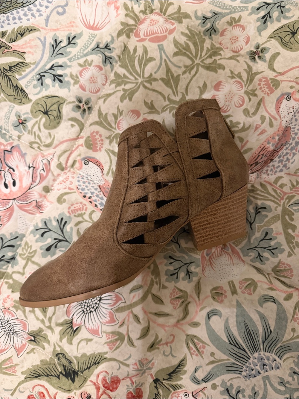 Qupid Taupe Woven Cutout Ankle Bootie